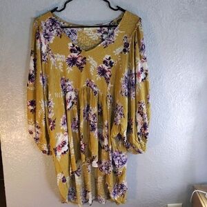 A Beautiful SoMustard Yellow Purple Floral Tunic  Balloon 3/4 Sleeves Hi Low He…